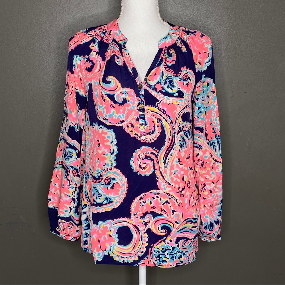 Lilly Pulizer Elsa Blue Pink Silk Blouse Size XS